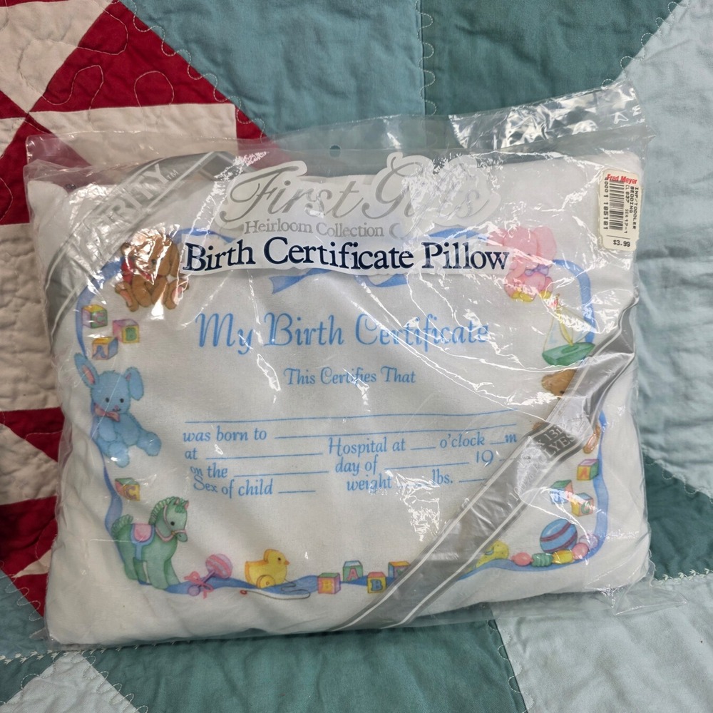 First Gifts Heirloom Collection Birth Certificate Pillow 1989 Vintage Gerber